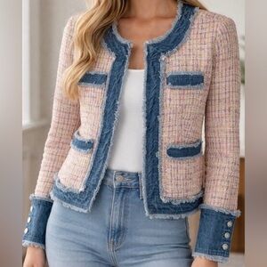 Nanette Lepore Pink Tweed Jacket with Blue Denim Trim